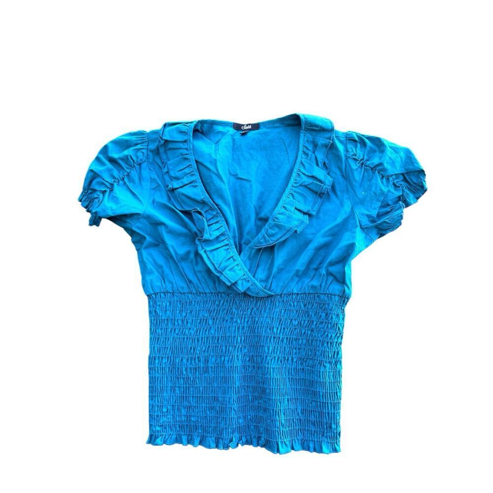 Selé Teal Blue High Rouched Waist Collared‎ Blouse 97% Cotton 3% Spandex Medium